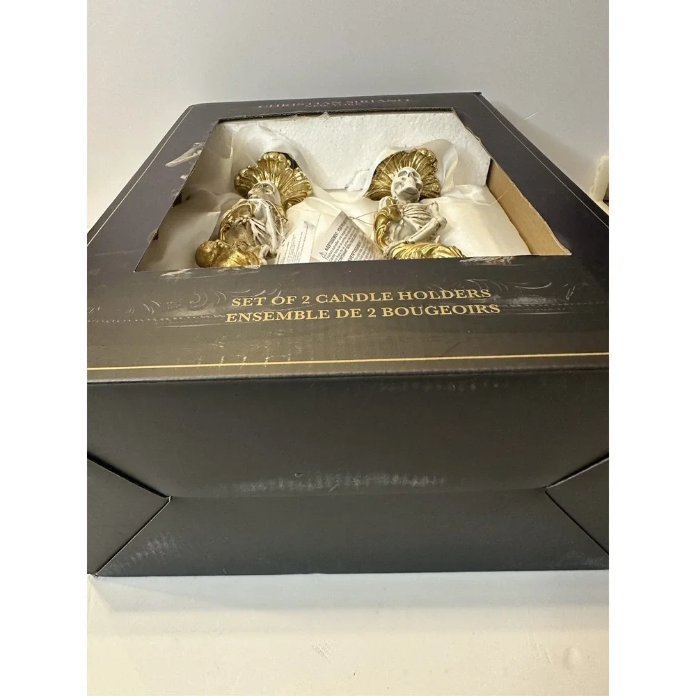 Christian Siriano Gold Skeleton Candlestick Holders Pair Halloween NEW IN BOX